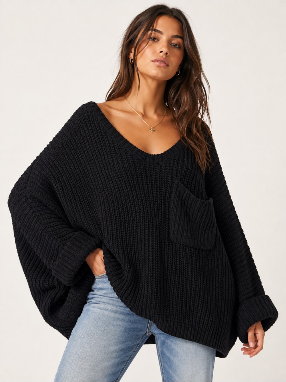 POL Black Oversized V-Neck Knit Sweater with Pocket